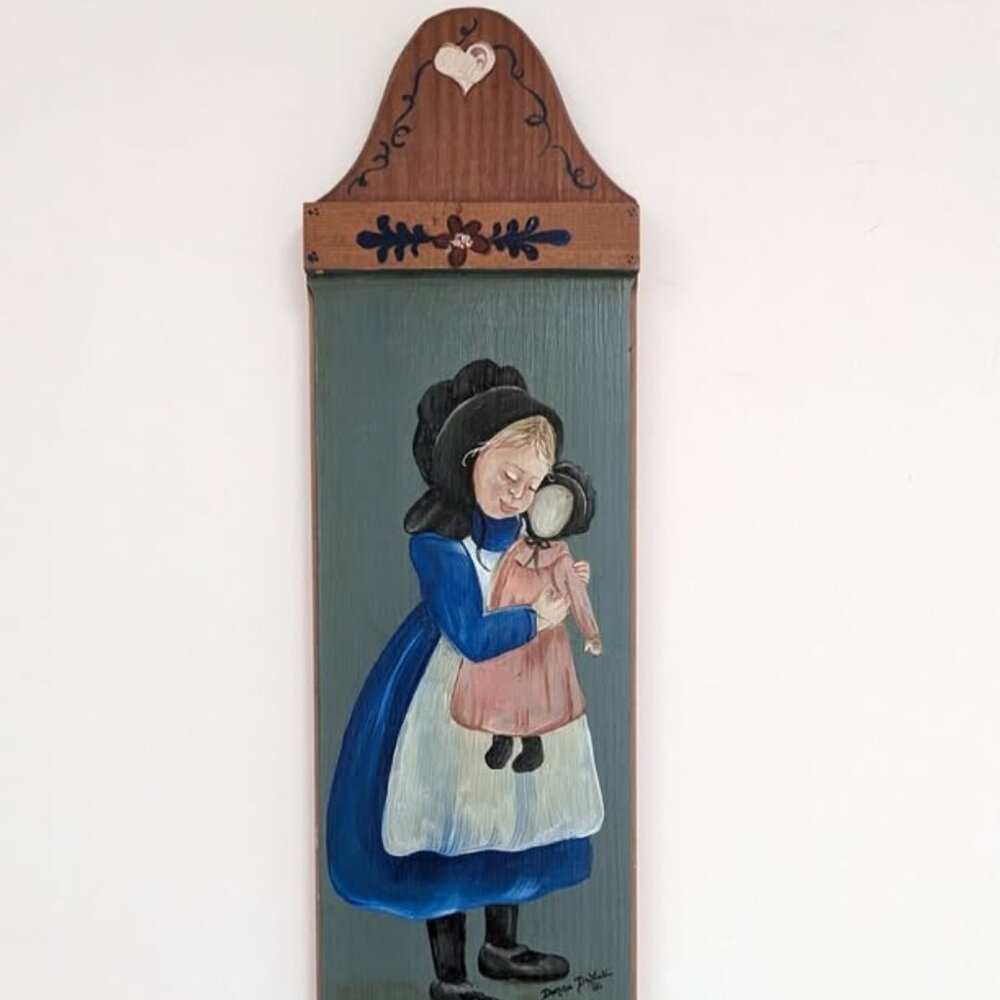 Cottage Core Vintage Hand Painted Wood Plaque Art - Prairie Girl with Doll
